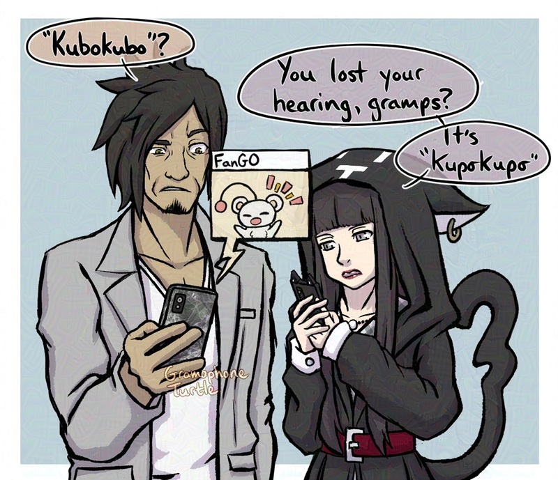 Art of Kubo and Shoka from NEO The World Ends With You looking at their phones. Kubo repeats "Kubokubo?" from his FanGO app. Shoka replies, "You lost your hearing, gramps? It's 'Kupokupo'."