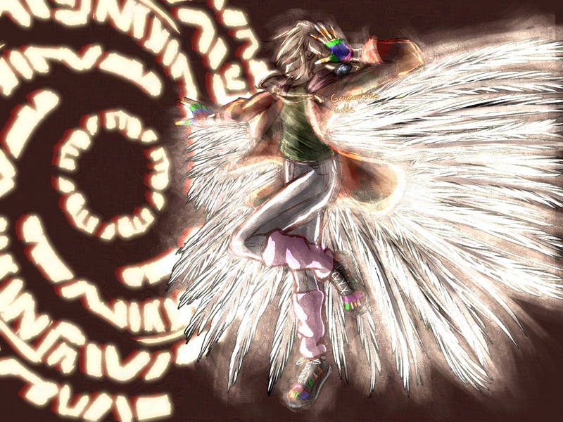 Digital art of my OC called Father, a man with his right arm outstretched in front of him and the other bent and raised up next to his head, his left leg bent and half raised to meet his left knee. He's wearing an orange patchy coat with a brown hood and a golden clasp holding the coat together and rainbow gloves. He has frosted blue jeggings, pink leg warmers, rainbow socks with black sneaker sandals. His coat has extremely long and glowing feathers that create rim lighting on his body. He's facing a glowing sigil with very square like writing going from the center of the circle to outwards.