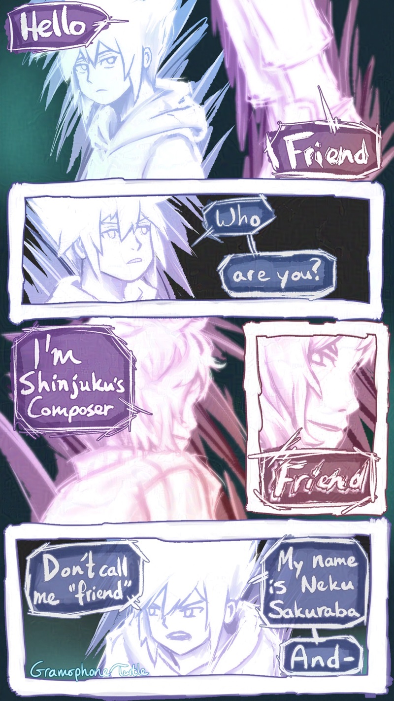 Comic page 1 of 5. Neku in his Angelic white glowing form sits and another glowing figure appears beside him and says "Hello, Friend." Neku looks unimpressed and asks, "Who are you?" From below and behind, 3/4 view, hair covering his face, the figure says "I'm Shinjuku's Composer." The figure's hair falls back to show sharp eyes and sharp smile, and says sharply, "Friend." Neku looks down and away, a little angry and annoyed. "Don't call me 'friend'. My name is Neku Sakuraba. And-"