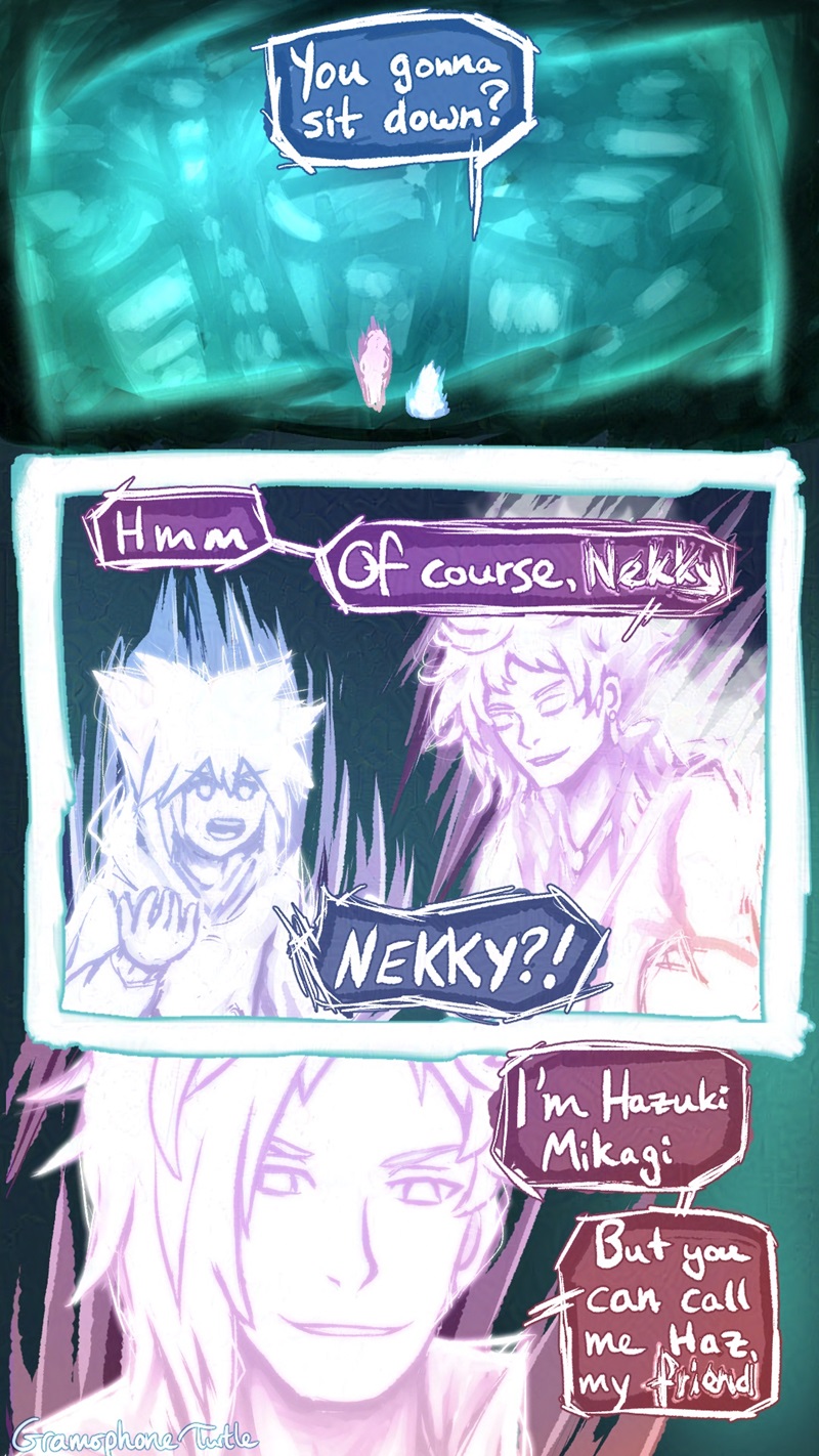 Comic page 2 of 5. A far away shot of Neku sitting down and the other figure floating beside him, looking at a window plane of Shibuya. Neku asks his question "You gonna sit down?" The figure shifts down next to Neku. "Hmm," he says, "Of course, Nekky." The word "Nekky" is fractured. Neku freaks out and exclaims, "NEKKY?!" Close of of the other being as he introduces himself, "I'm Hazuki Mikagi. But you can call me Haz, my friend." The word "friend" is fractured.