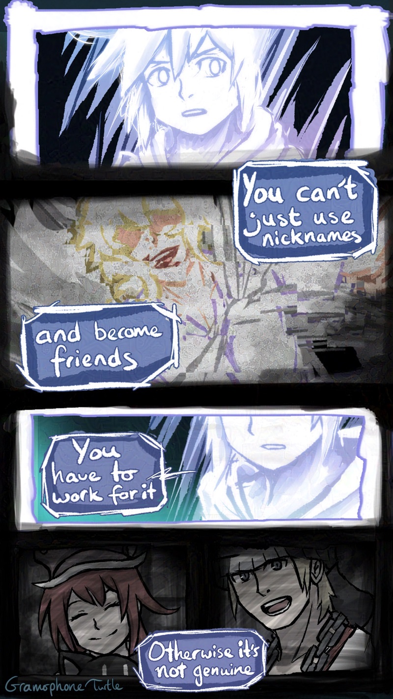 Comic page 4 of 5. Neku looks at Haz, shocked. Flashback to Joshua, smile wide and almost unnatural, arms spread and falling apart, dissolving. Neku says, "You can't just use nicknames and become friends. You have to work for it." Panels of smiling Player Shiki and Beat. Neku continues, "Otherwise it's not genuine."