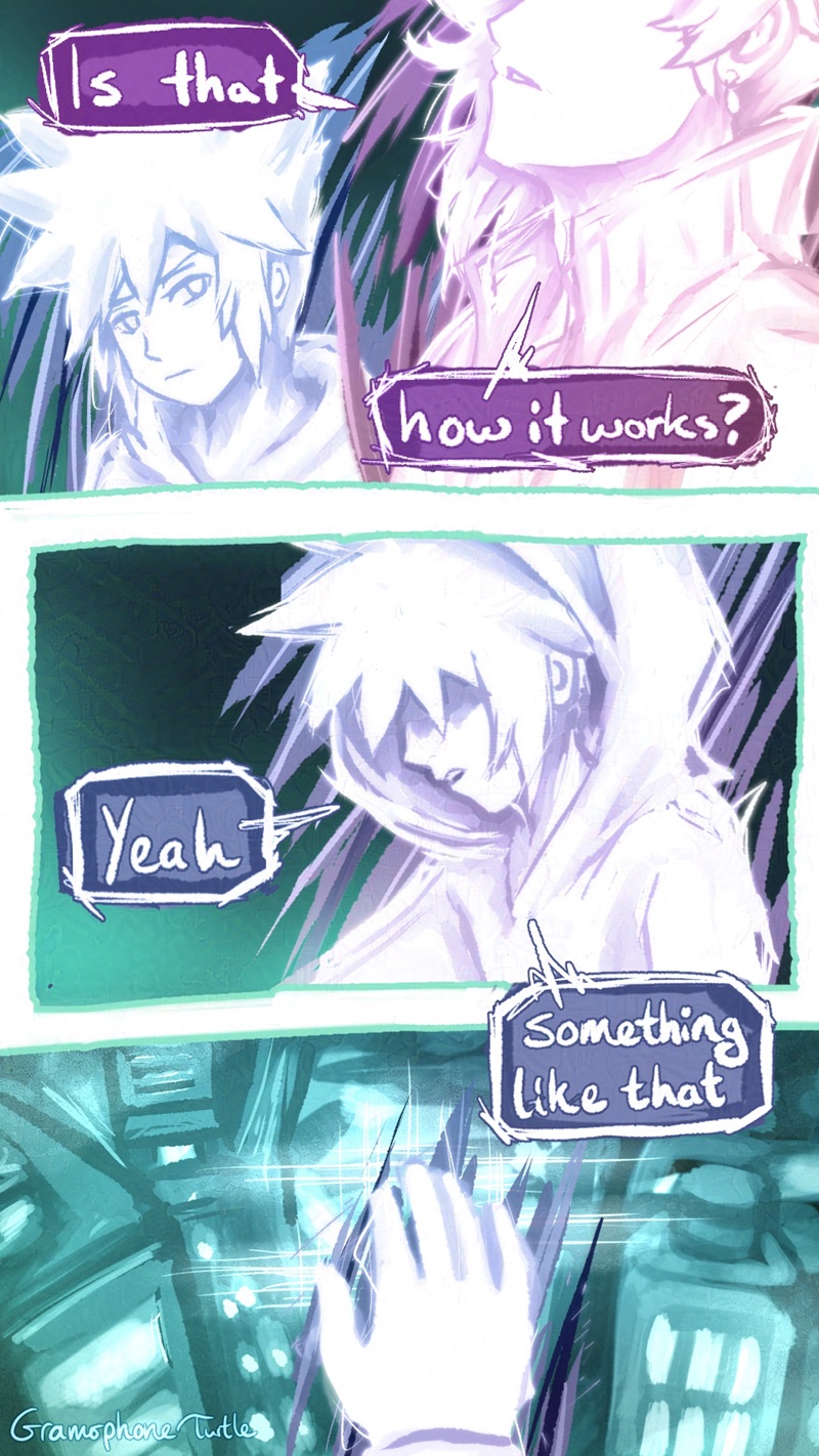 Comic page 5 of 5. "Is that, how it works?" Haz asks looking up. Neku looks over to him, conflicted or uncertain by Haz's reaction and tone. Neku draws his hood up and looks back down at Shibuya's window plane. "Yeah" Neku responds. His hand touches the plane, the plane lighting up where Neku touches it, "something like that."