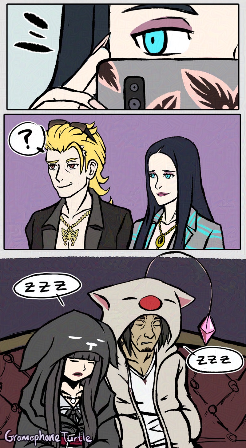 A comic of characters from NEO The Worlds with You. 1: Close of the left side of Ayano's face, her phone camera covering up her face from below her eye, taking a picture. Something to the left catches her attention. 2: Shiba stands beside her with a "?" bubble. He looks half amused and confused. Ayano is amused with a faint warm smile. 3: Shoka partially leans against Kubo as she sleeps on Shiba's red button couch. Kubo is also asleep, but in a Mog moogle hooodie. The eyes on Shoka's mew hoodie is closed.