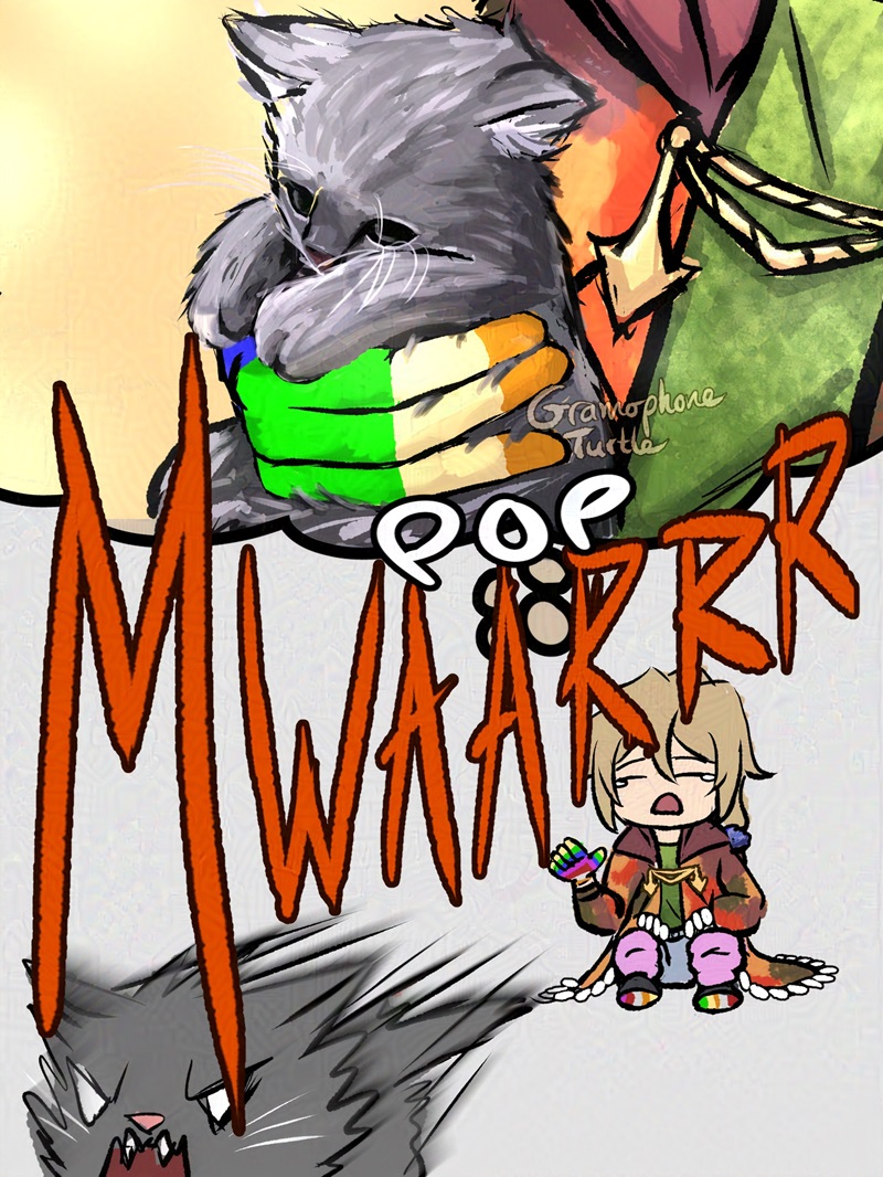 Digital art of Father imagining himself holding a kitten with one hand against his chest. But his dreams vanish as the kitten runs away saying "MWAARRR". Tears form in the corner of his eyes.