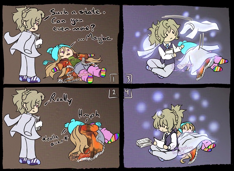 Digital art of a comic of a woman dressed in white, called Mother, looking down at a man dressed in colourful clothing, called Father, laying dejected on the ground. Mother says "Such a state. Can you even move?" Father replies, "...Maybe." 

She replies "Really." Father "hmphs" and rolls over to prove how down he really is. Mother sits next to Father, floats her jacket off her shoulders and onto him. It glows comfortingly, and Mother starts reading through the papers she brought with her. Father looks over his shoulder at her in surprise.