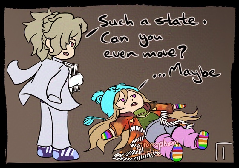 Digital art of the first comic panel of a woman dressed in white, called Mother, looking down at a man dressed in colourful clothing, called Father, laying dejected on the ground. Mother says "Such a state. Can you even move?" Father replies, "...Maybe." 