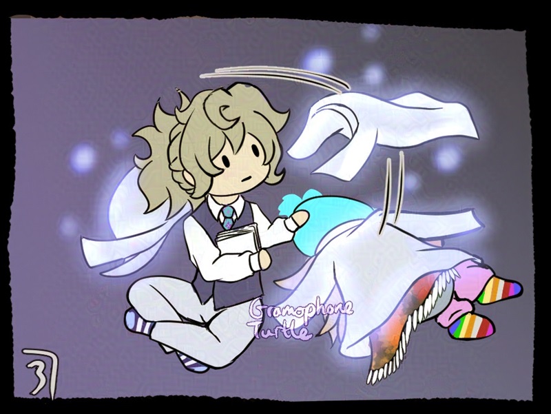 Comic panel 3. Mother sits next to Father, floats her jacket off her shoulders and onto him. It glows comfortingly.