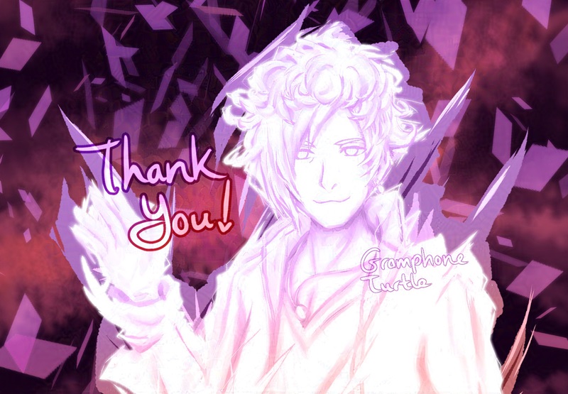 Digital art of Hazuki Mikagi from NEO: The World Ends With You in a Composer/higher frequency form. He's waving his hand and it says "Thank you!". There are squares all over the background and everything is a red and purple gradient.