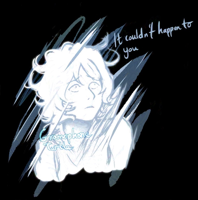 Digital art of Joshua from The World Ends with You. He's in his glowing white Composer form looking up in fear and horror. The text says "It couldn't happen to you".
