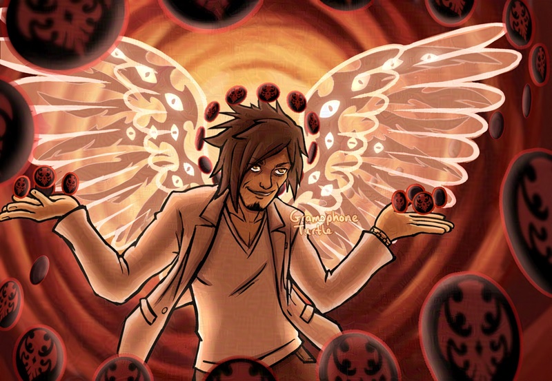 Digital art of Tanzo Kubo from NEO: The World Ends With You with abstract skeletal eye wings inside partially transparent feathery wings. There are floating Shinjuku-styled Player pins surrounding him, floating in his hands, and some create a halo above his head.