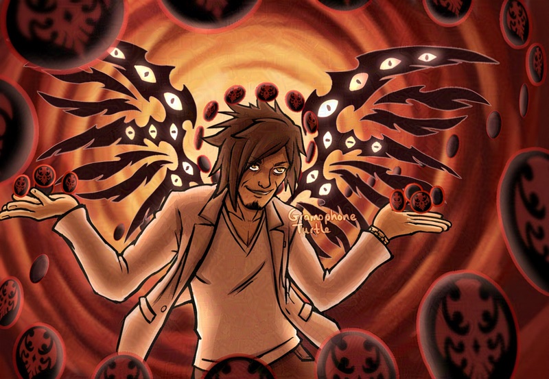 Digital art of Tanzo Kubo from NEO: The World Ends With You with abstract skeletal eye wings. There are floating Shinjuku-styled Player pins surrounding him, floating in his hands, and some create a halo above his head.