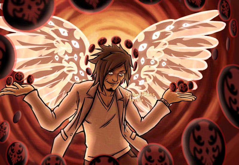 Digital art of Tanzo Kubo from NEO: The World Ends With You with abstract skeletal eye wings inside feathery wings. There are floating Shinjuku-styled Player pins surrounding him, floating in his hands, and some create a halo above his head.