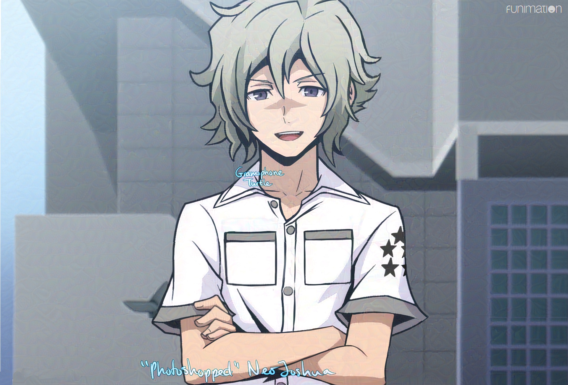 A screenshot edit of Joshua from The World Ends With You Animation to make it look like his NEO self. His arms are crossed and he has a dangerous smile.