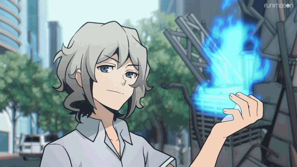 A gif showing Joshua from the TWEWY animation and the screenshot edit of his NEO self. Joshua is looking down and to the side, holding a blue glowing like flame.