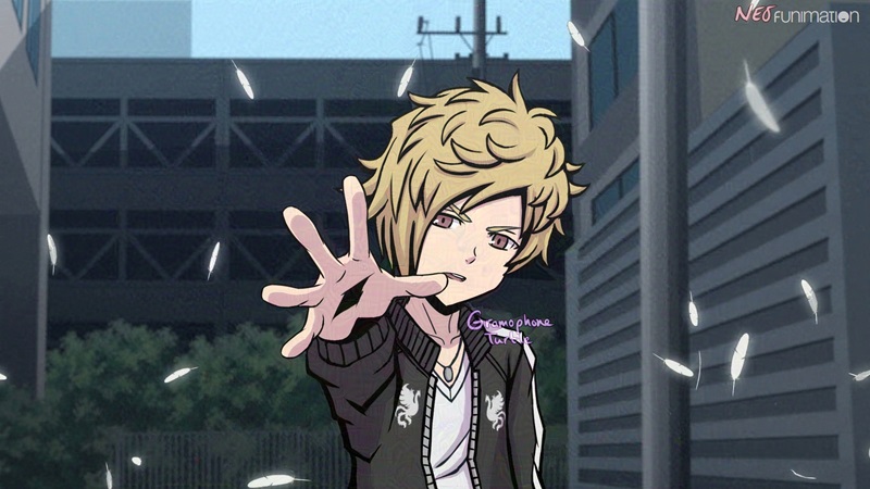 Hazuki Mikagi from NEO The World Ends With You as an anime edit from TWEWY Animation, looking around 15 years old. His hand is outstretched towards the viewer with feathers floating around him. 