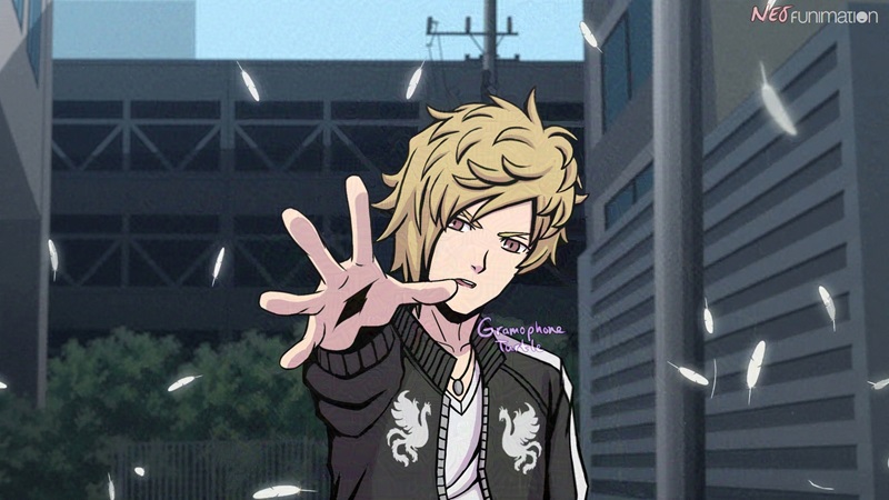 Hazuki Mikagi from NEO The World Ends With You as an anime edit from TWEWY Animation, looking around 18 years old. His hand is outstretched towards the viewer with feathers floating around him. 