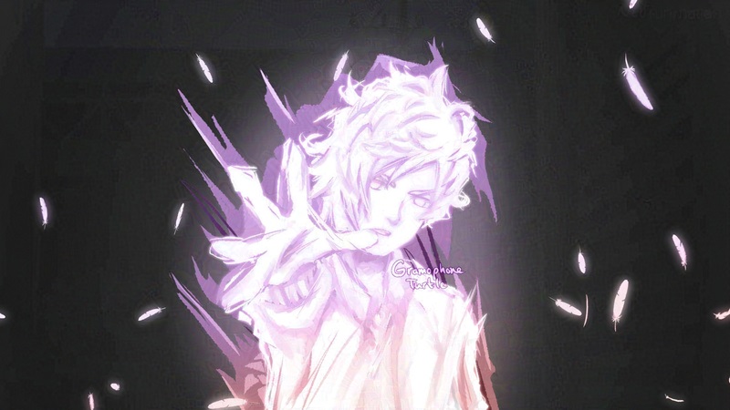 Hazuki Mikagi as a glowing white figure from NEO The World Ends With You, his pose based on a screenshot from the TWEWY Animation. His hand is outstretched towards the viewer with feathers floating around him.
