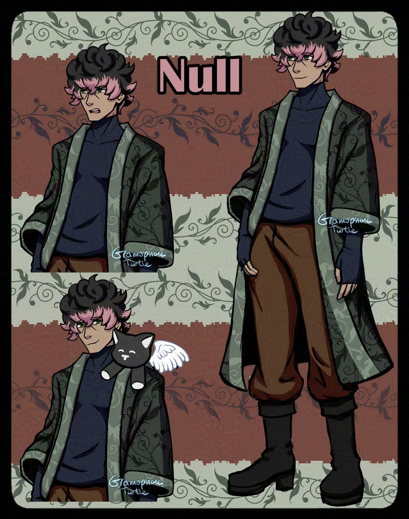 A 3 image spritesheet of a masculine looking non-binary person featuring two half bodies on the left side and one full body on the right. Neat the top center it says "Null" in light pink with a black outline. The person has green eyes, medium-short length curly black hair with their hair ends dyed light pink. They're wearing a dark blue top and long dark blue gloves under a dark green kimono like wrap that is lined by a lighter green, with a vine like pattern on it. They're wearing have loose brown pants that are tucked into their black boots which have a small heel. Their top left sprite is talking with a scowl. The bottom left is them looking at a black cat plushie with wings on their left shoulder with a smile. The full body sprite on the right has a small smile. The background has wider muted light green and medium red stripes that is a bit pixelated. Over the center of each stripe is same ivy like pattern that the person has on their green outerwear.