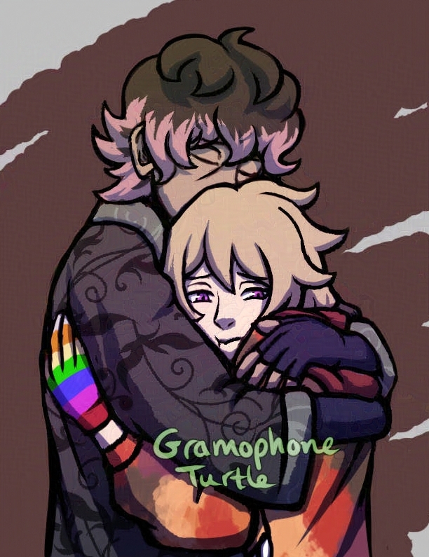 Digital art of Father, a man with long hair and an orange autumn patterned coat, hugging Null, a non-binary person with black and pink tipped hair and a long green coat with an ivy pattern,. Father is hesitant, while Null full embraces it, wrapping their arms around Father's shoulders.