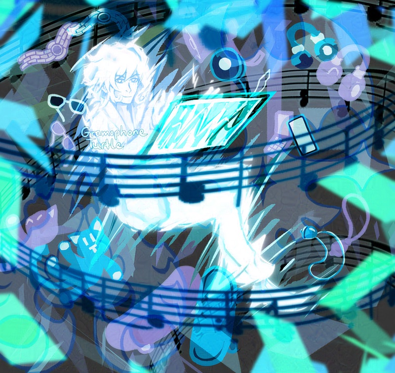 Digital art of Composer Joshua, a glowing white figure, from The World Ends With You, is surrounded by music from "Twister" from TWEWY, with the beginning of the song starting at the bottom and going upwards. Surrounding the Composer are a variety of items from main characters. Going from clockwise starting form the top left corner: Hanekoma's wristwatch, Minamimoto's megaphone, Neku's headphones, Joshua's cellphones, Rhyme's bell pendant, Beat's skateboard, Shiki's Mr. Mew and Kitaniji's sunglasses. The Composer has a screen in front of them. Behind and in front of them as a border as a bunch of squares at different angles. Faintly in the background is Shibuya's Reaper symbol in the top right, and an upside Noise symbol in the bottom left.