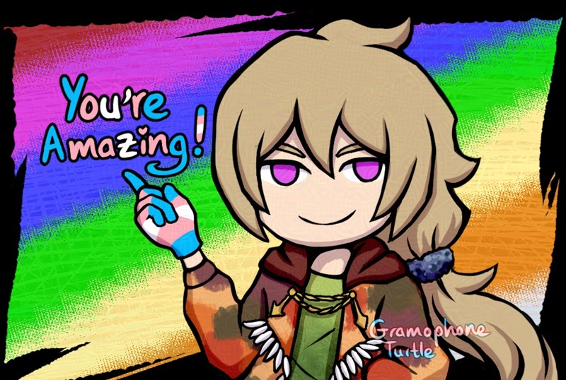 A smiling, winking chibi style man called Father wearing transgender color gloves and pointing to "You're Amazing!" written in transgender colors.