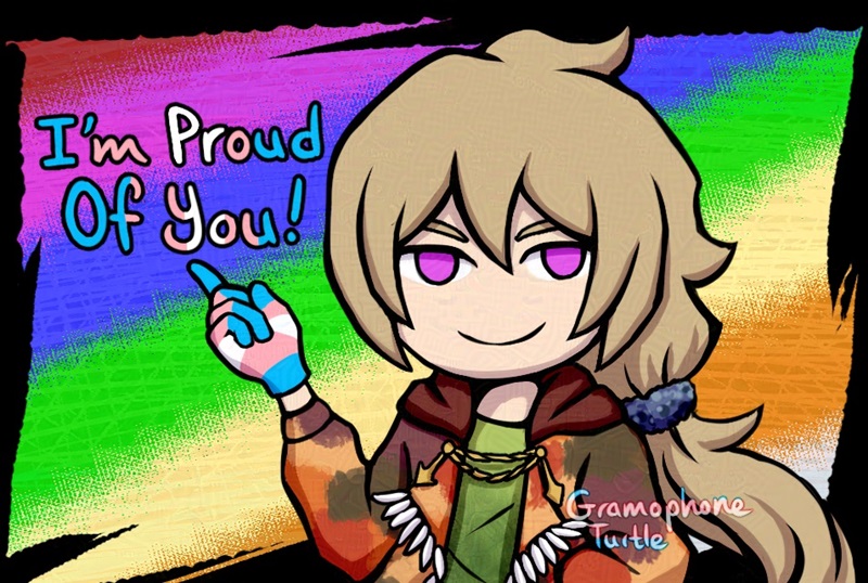 A smiling, winking chibi style man called Father wearing transgender color gloves and pointing to "I'm Proud Of You!" written in transgender colors.