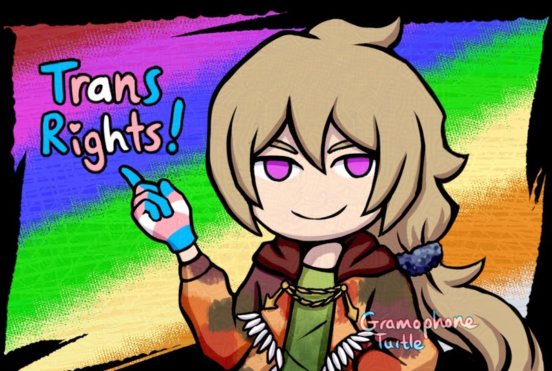 A smiling, winking chibi style man called Father wearing transgender color gloves and pointing to "Trans Rights!" written in transgender colors.