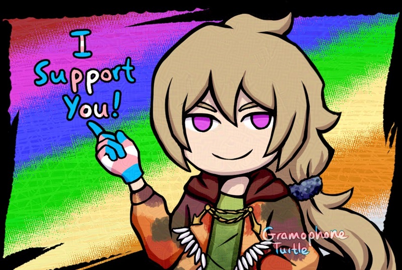 A smiling, winking chibi style man called Father wearing transgender color gloves and pointing to "I Support You!" written in transgender colors.