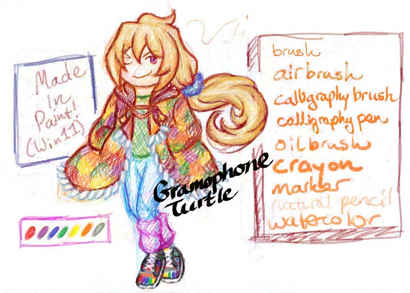 A man with long blonde hair tied into a ponytail, winks and smiles, with his hands tucked into his orange patched coat flaring out around him. The text to the left says, "Made in Paint! (Win 11)". The text on the right has the names of each of the brush types written in that brush: "brush, airbrush, calligraphy brush, calligraphy pen, oil brush, crayon, marker, natural pencil, watercolor". It's signed "GramophoneTurtle".