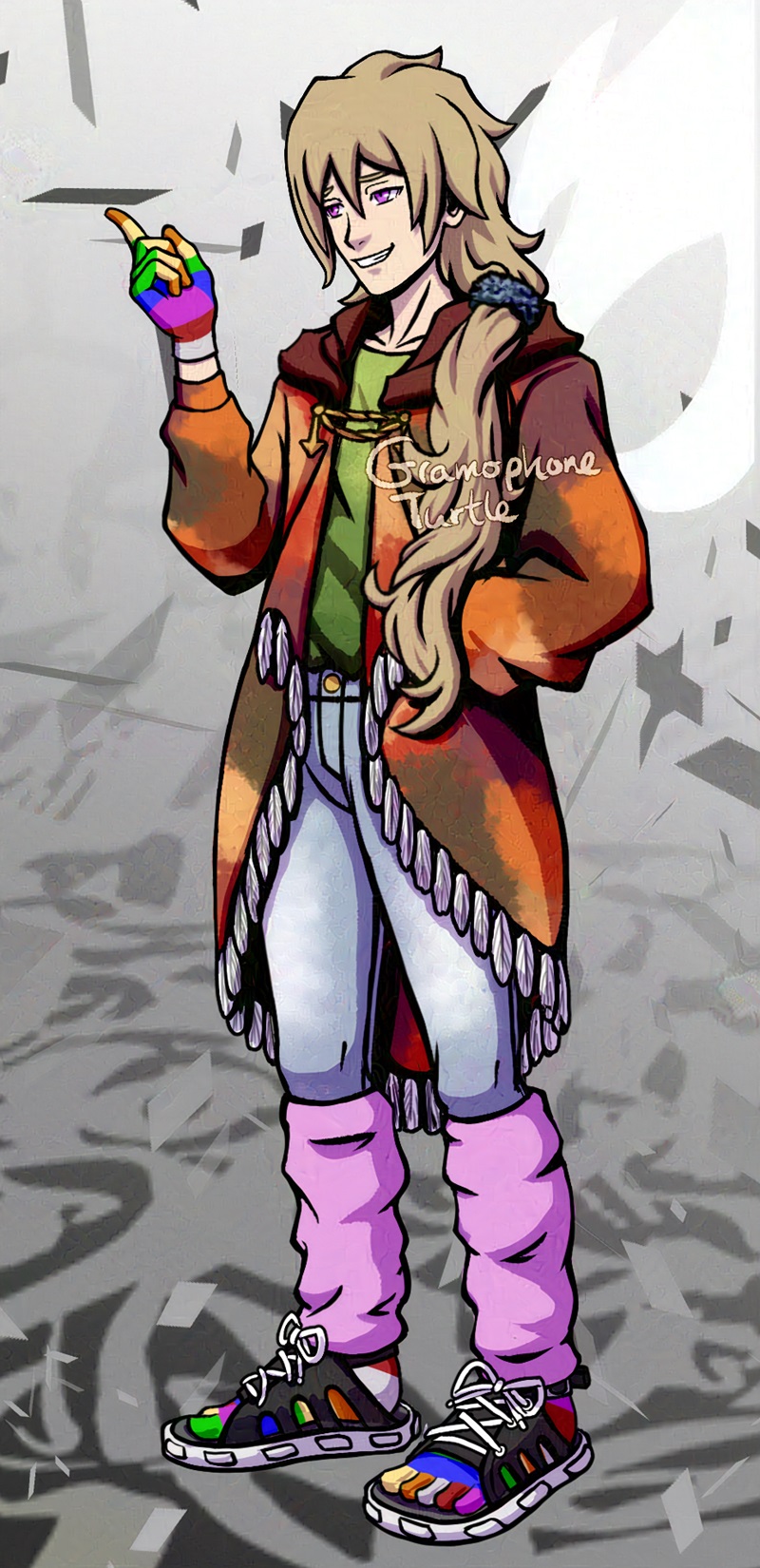 Art of a man with long dark blonde hair tied back in a low loose pony tail. He's wearing a mixture of clothing types and colours with one gloved raised up. The glove is a reverse of an almost rainbow, which includes grey.