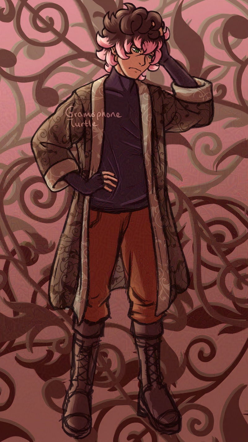 Full body art of Null blushing with a hand in their hair over an ivy background.