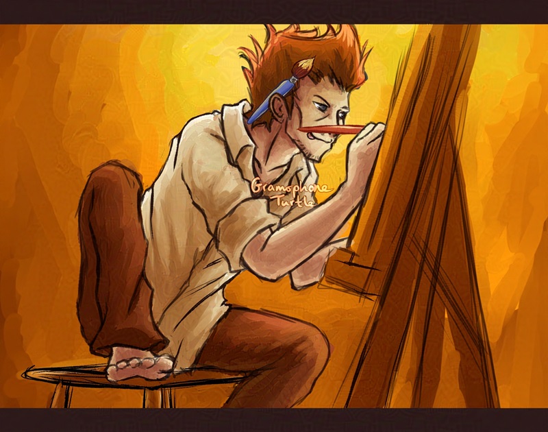 Digital art of a man, Sanae Hanekoma from The World Ends With You, sitting on a stool with one foot on the seat, painting.