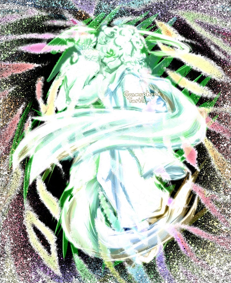 Digital art of Composer Null in a glowing angel like form. They are white and blue/green shadows, with one arm raised up with their scarf wrapped around them. The black fragmented background with rainbow colours has white speckles along the edges.