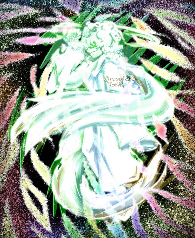 Digital art of Composer Null in a glowing angel like form. They are white and blue/green shadows, with one arm raised up with their scarf wrapped around them. The black fragmented background with rainbow colours has rainbow speckles along the edges.