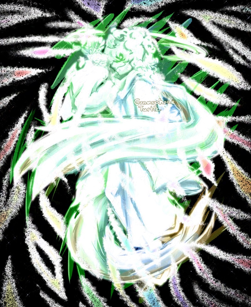 Digital art of Composer Null in a glowing angel like form. They are white and blue/green shadows, with one arm raised up with their scarf wrapped around them. The black fragmented background with rainbow colours has dark speckles along the edges.