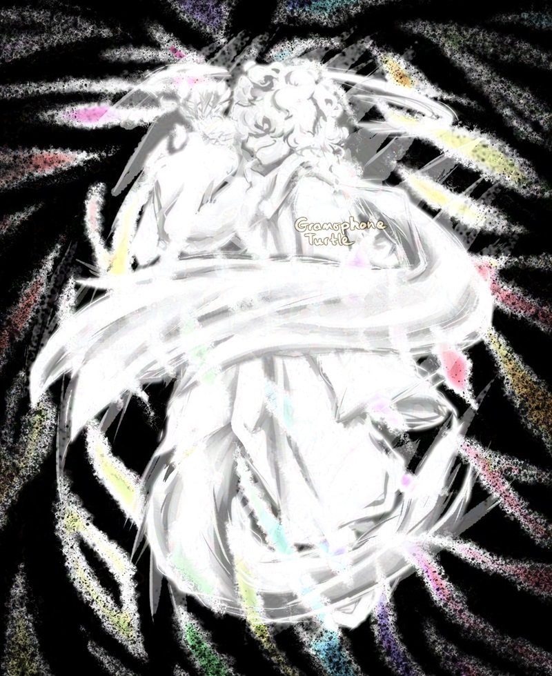 Digital art of Composer Null in a glowing angel like form. They are greyscale, with one arm raised up with their scarf wrapped around them. The black fragmented background with rainbow colours has black speckles along the edges.