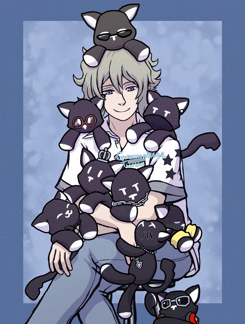 Digital art of Joshua sitting and surrounded by Mr. Mew stuffed animals. From top to bottom, they wear accessories of Hanekoma, Shiki, Rindo, Rhyme, Beat, Hazuki, Neku, Minamimoto and Kitaniji.