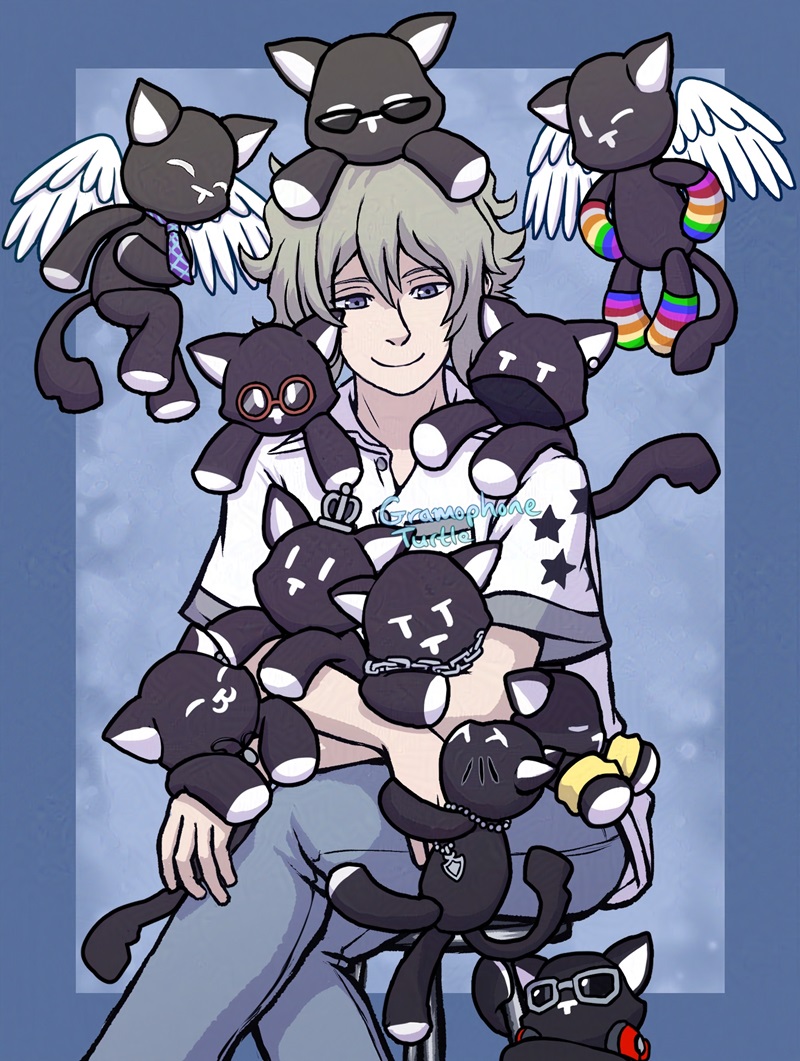 Digital art of Joshua sitting and surrounded by Mr. Mew stuffed animals. Two flying Mews are dressed as OCs of Mother with a tie and Father with rainbow gloves and socks. The Mews on Joshua from top to bottom wear accessories of Hanekoma, Shiki, Rindo, Rhyme, Beat, Hazuki, Neku, Minamimoto and Kitaniji.