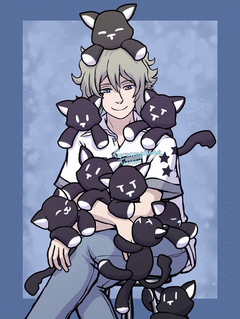 Digital art of Joshua sitting and surrounded by Mr. Mew stuffed animals. They are not wearing any accessories.
