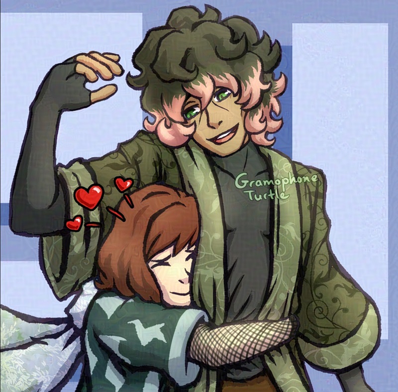 Digital art of Chisa, a girl, giving Null, a masculine looking non-binary person, a hug. Chisa has three red hearts coming off of her head. Chisa and Null are smiling.