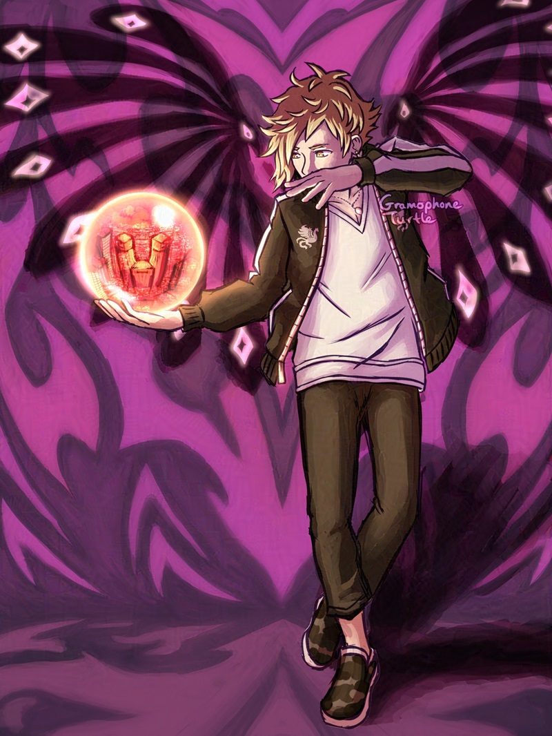 Digital art of Hazuki Mikagi from NEO: The World Ends with you holding a glowing orb containing the Shinjuku area in Tokyo. Behind him are shadowy wings with glowing eyes in the thicker parts looking at the orb.