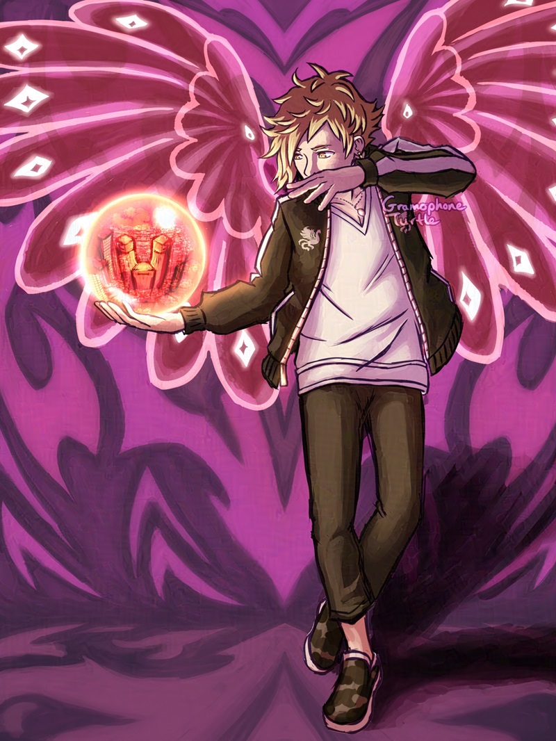 Digital art of Hazuki Mikagi from NEO: The World Ends with you holding a glowing orb containing the Shinjuku area in Tokyo. Behind him are glowing feathery wings with a darker skeletal shape inside. The skeletal wings have glowing eyes in the thicker parts looking at the orb.