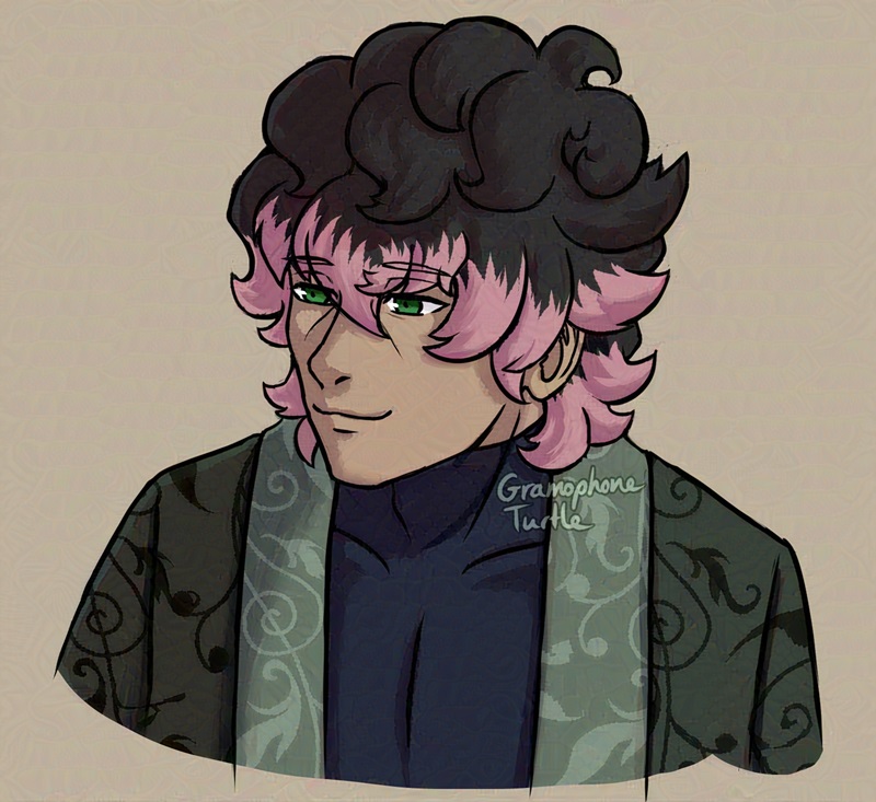 Digital art of Null, a macusline looking non-binary person, smiling and looking down and to their side.