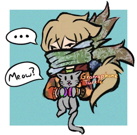 Digital art of a man called Father, with his head wrapped in a scarf and holding a grey cat. He looks annoyed and the cat says "Meow?"