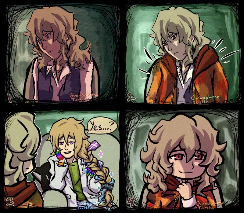 Digital art of a comic of a woman leaning against the side of a window, called Mother, with a red tint. An orange patched coat appears on Mother's shoulders and the red tint disappears as she looks down at it. 

Mother looks across to a man with long blond hair, called Father, sitting on a couch across from her. Father is wearing Mother's suit jacket and her tie is chaotically woven into his braided hair. He asks her, "Yes...?" Mother smiles sadly at him, clapsing his coat tighter around her. The red tint appears again.