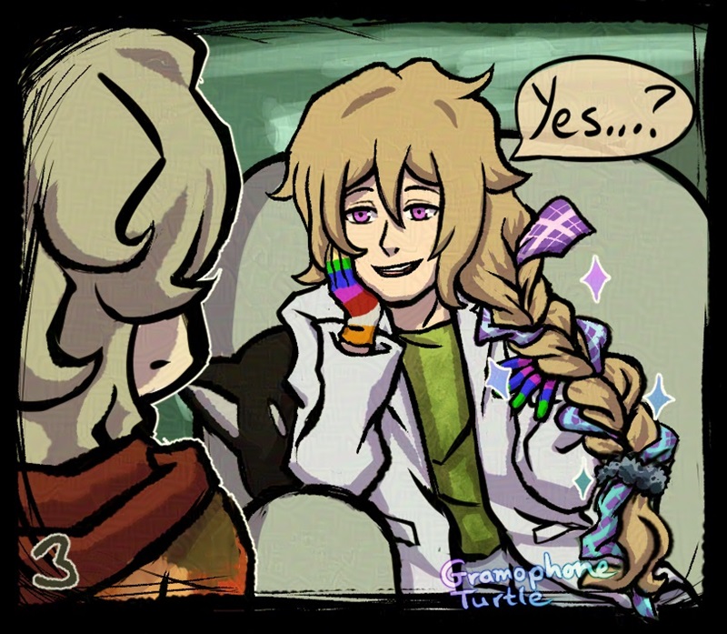 Page 3 of 4 of a digital comic. Mother looks across to a man with long blond hair, called Father, sitting on a couch across from her. Father is wearing Mother's suit jacket and her tie is chaotically woven into his braided hair. He asks her, "Yes...?" 