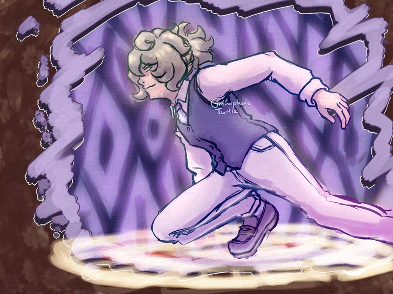 Digital art of a woman, Mother, crouching on a light yellow circular platform over a painted bordered window containing a purple background with diamonds and dots in the center of them.