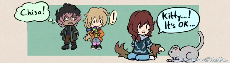 Comic part 1 of 4 where a young girl named Chisa meets a cat. She sits next to an angry cat and says, "Kitty...! It's OK..." and the person behind her in green, called Null, thinks "Chisa!" and the man next to him, Father, is excited.