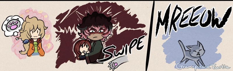 Comic part 2 of 4. Father smiles as he thinks of the cat's cute paw while Null protects Chisa from the cat swiping her. Null glare and the cat runs away with a "MREEOW".