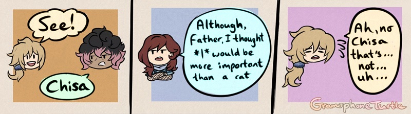 Comic part 4 of 4. Father happily replies "See!" and Null says "Chisa". Chisa goes on to say with her arms crossed, "Although, Father, I thought *I* would be more important than a cat." Father backpedals and trails off saying "Ah, no, Chisa that's...not...uh...".